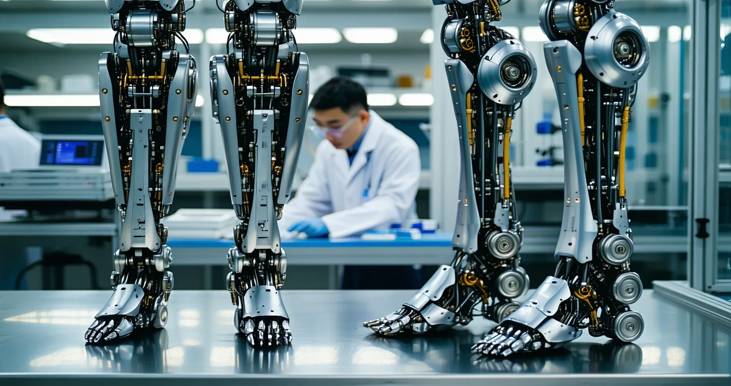 Humanoid robot leg joint assembly with compact actuator modules visible at knee and ankle